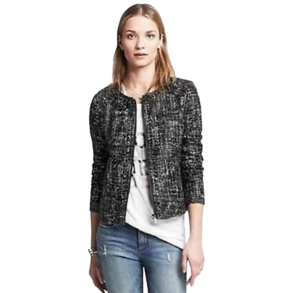 Banana Republic Black and White Tweed Metallic Blazer Lined Classic Size 4